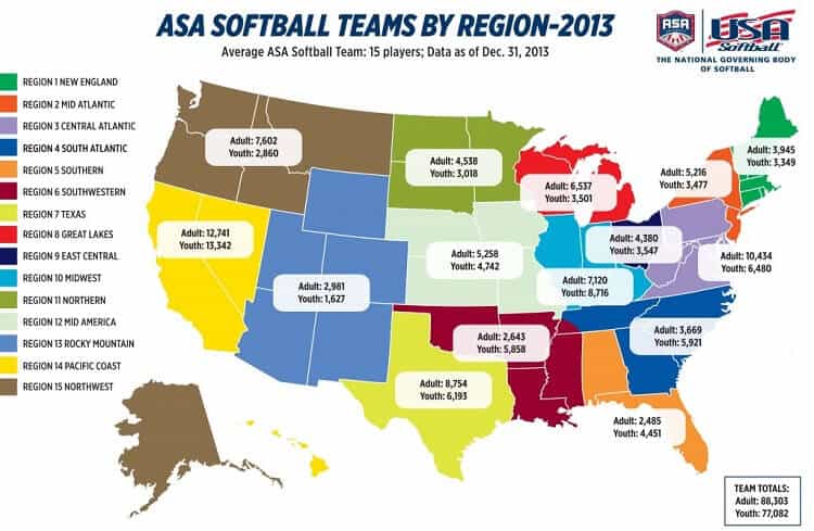 ASA Softball Teams by Region