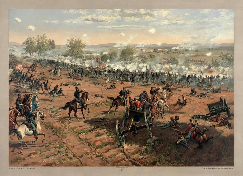A work by Thure de Thulstrup, showing Confederate troops charging the Union lines at Gettysburg.