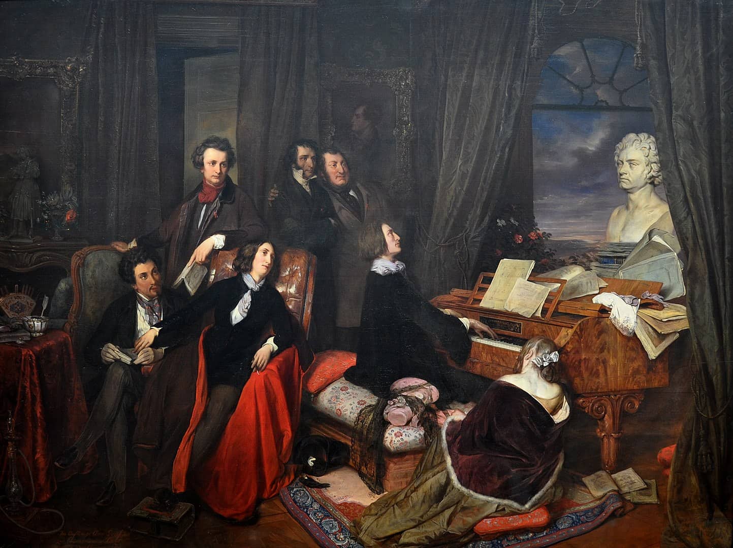 A portrait of Franz Liszt at the piano with listeners nearby.