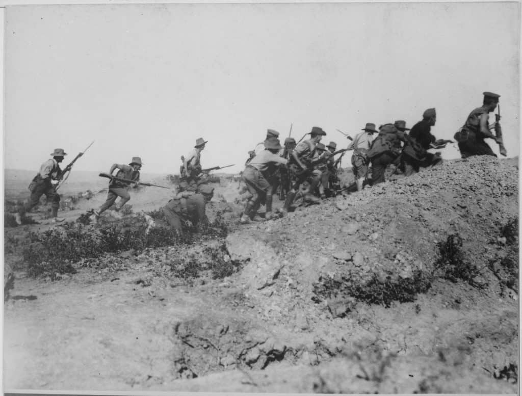 Australian troops charging Turkish lines during WWI.