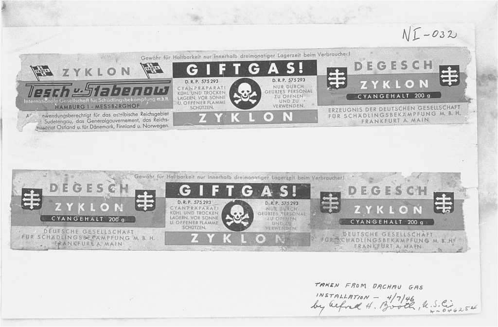 Labels from Zyklon-B canisters used during the Holocaust.