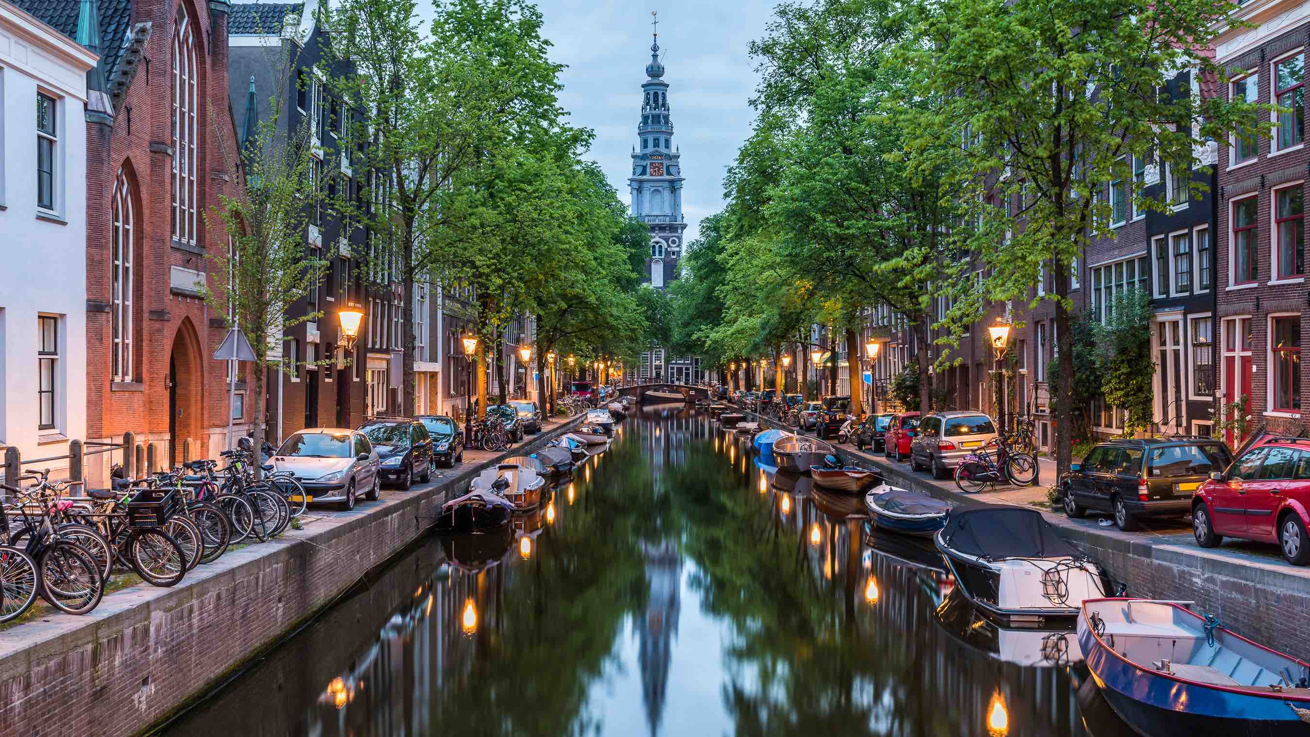 Amsterdam City, Illuminated Building and Canal at night, Netherlands