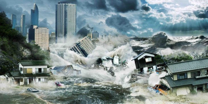 Big tsunami flooding wave destroy city with skyscrapers near ocean, tsunami facts