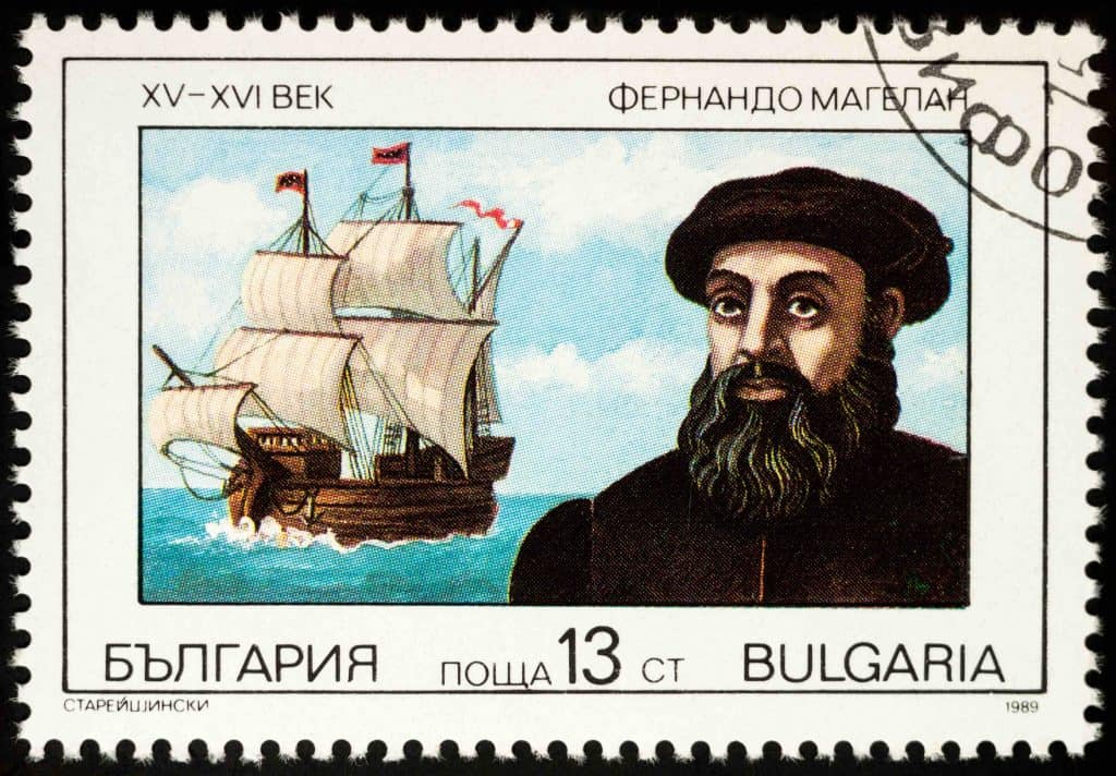 Ferdinand Magellan and his ship Trinidad on postage stamp
