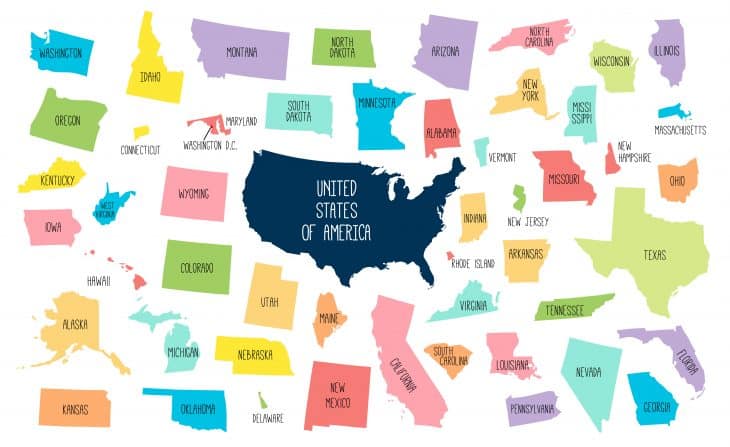 USA map with separated states, us states facts