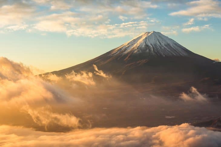 Fuji mountain and the mist over Lake Kawaguchiko