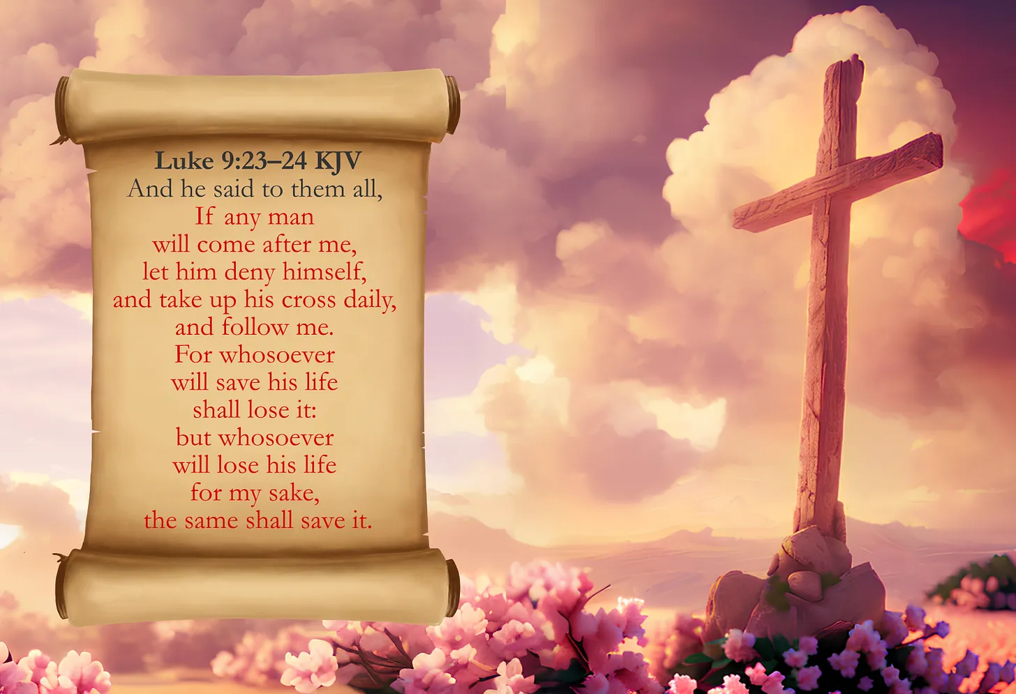 The KJV Cards image features a biblical quote from Luke 9:23-24 KJV on a scroll, with the text in red and black. The background shows a scenic view with a wooden cross on a rock, surrounded by blooming flowers and a sky filled with soft, warm clouds, creating a peaceful and spiritual atmosphere.