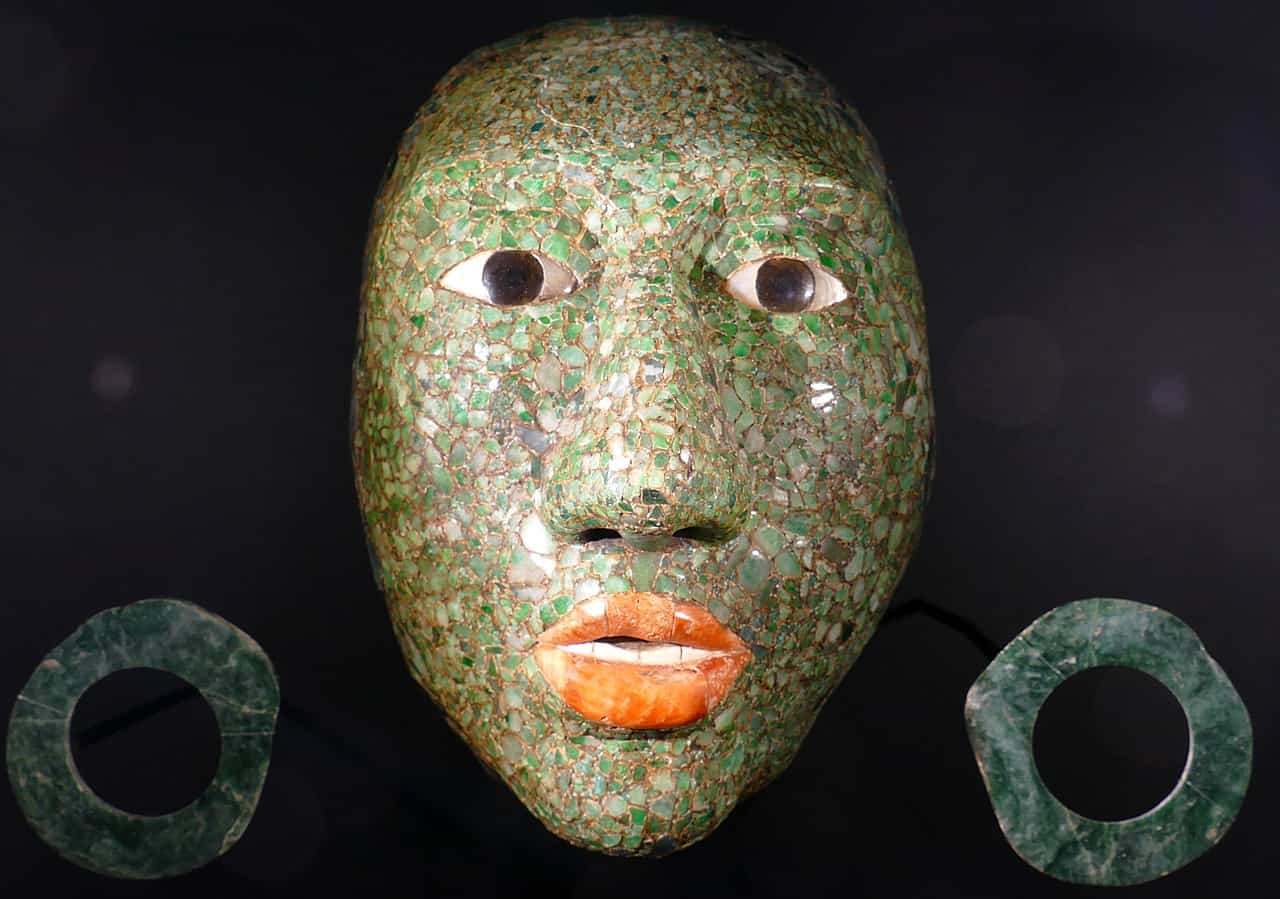 Mayan death mask, jade earrings