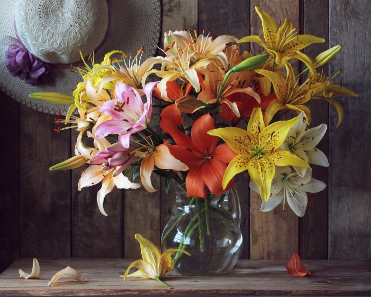 bouquet of colorful lilies in a vase
