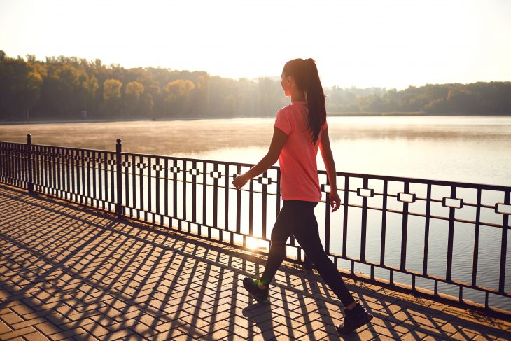 Back view of a runner walking on a road in a park at dawn in summer in autumn.