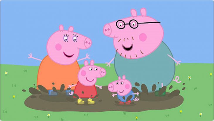 peppa pig and family playing with mud