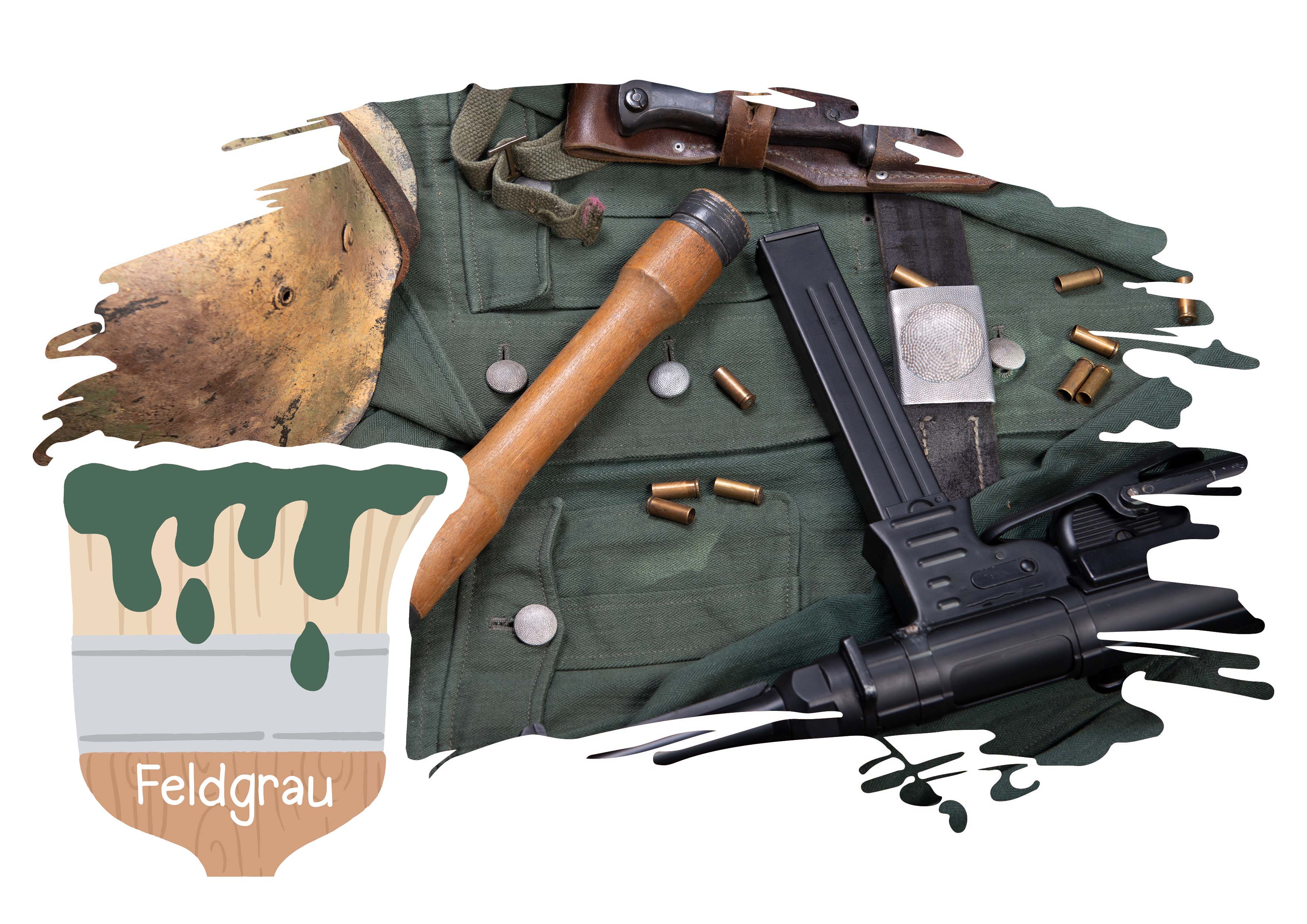 Feldgrau, WW2 german army field equipment with jacket, helmet and machine gun