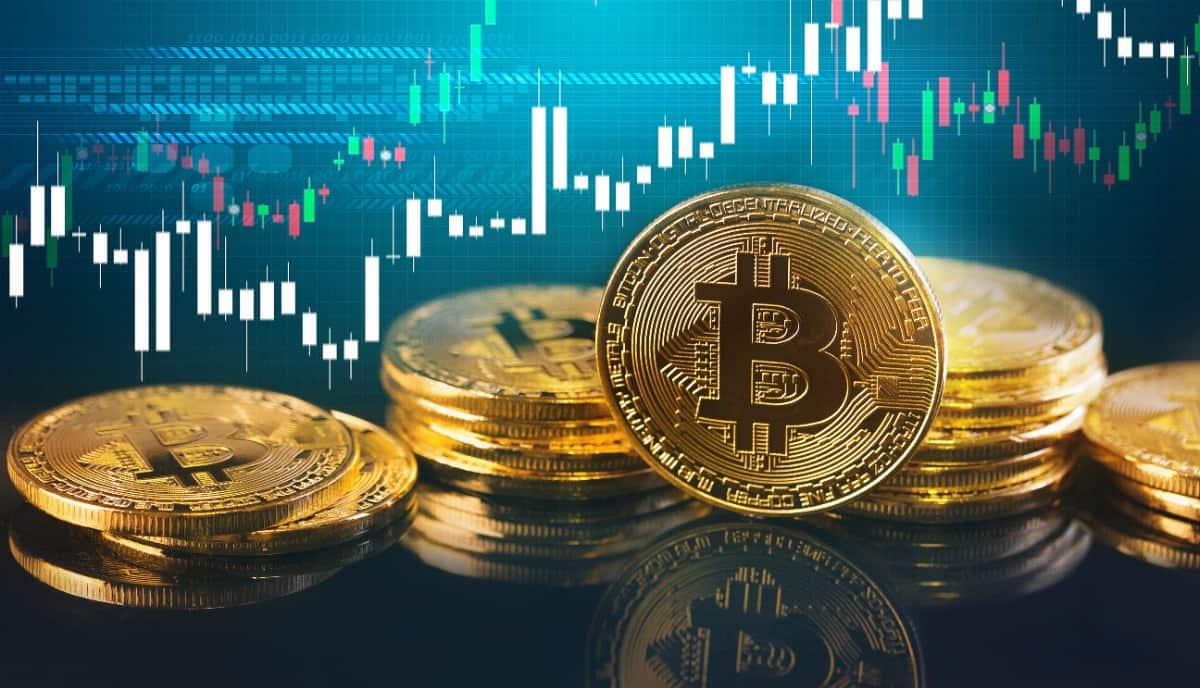 Gold bitcoins with Candle stick graph chart