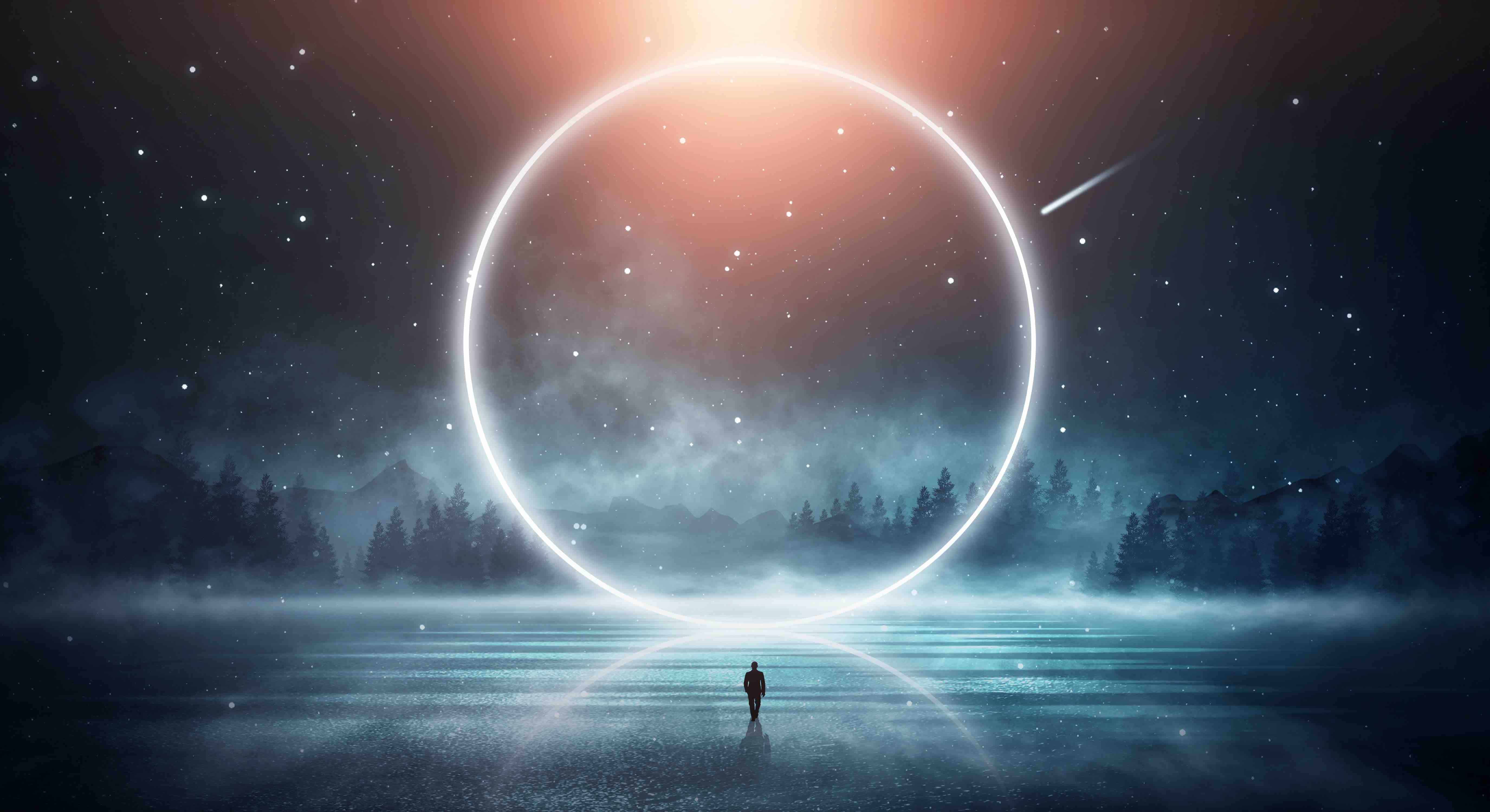 futuristic night landscape. Dark forest, river, mountains, reflection of night, moonlight on the water. Dark abstract landscape, neon light.