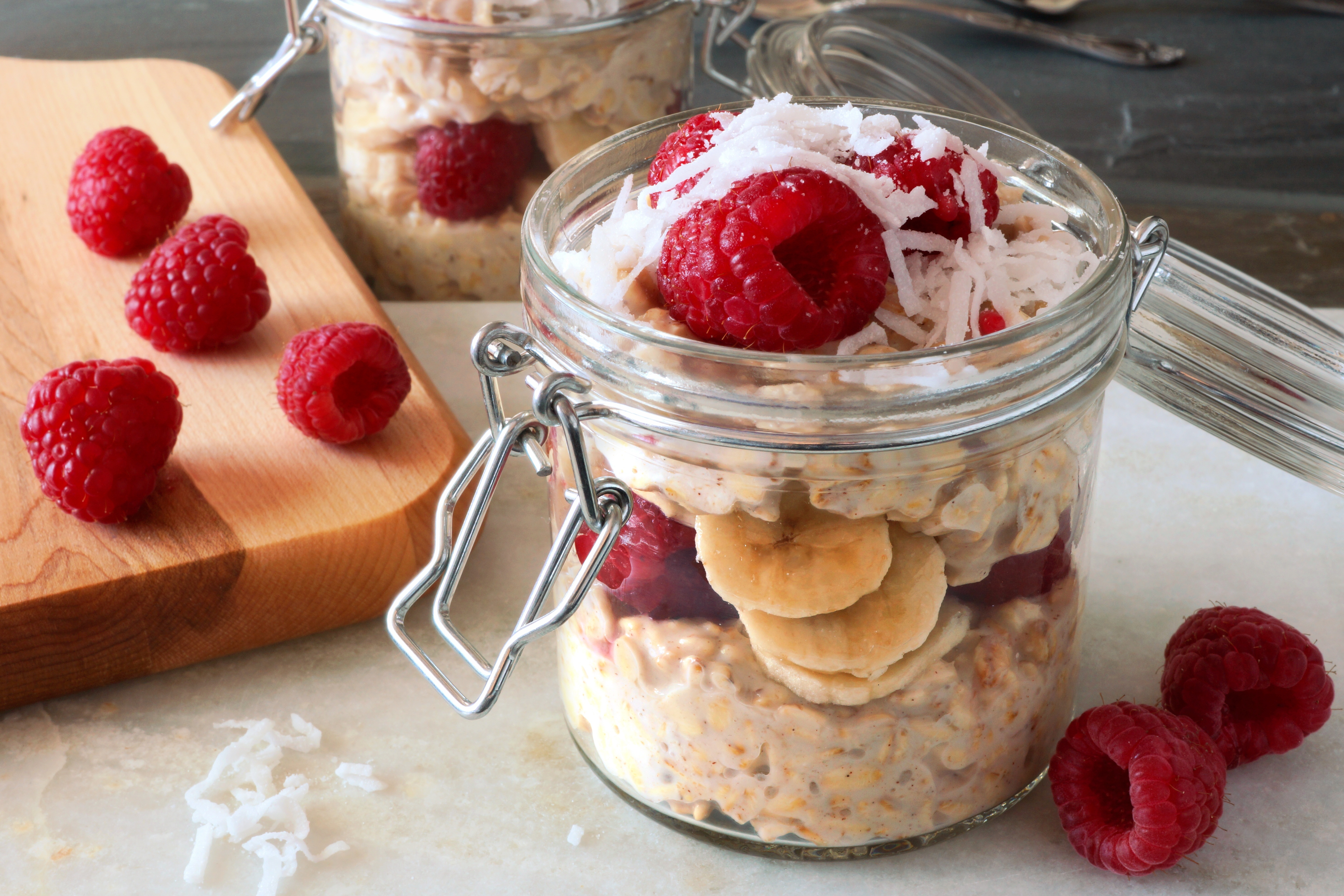 Healthy breakfast overnight oats with fresh raspberries