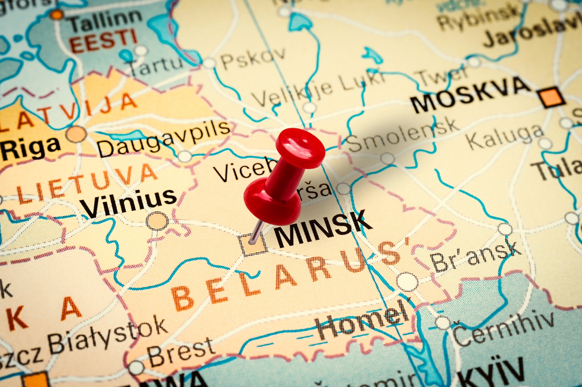 Pushpin pointing at Minsk city in Belarus