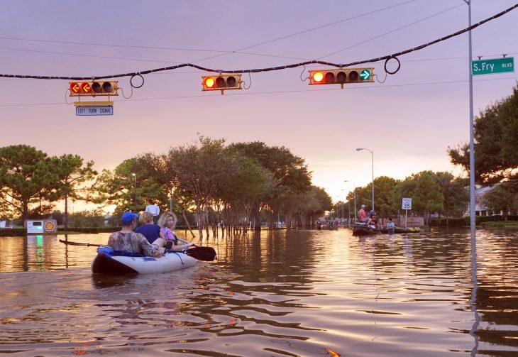 Working traffic lights over flooded Houston streets