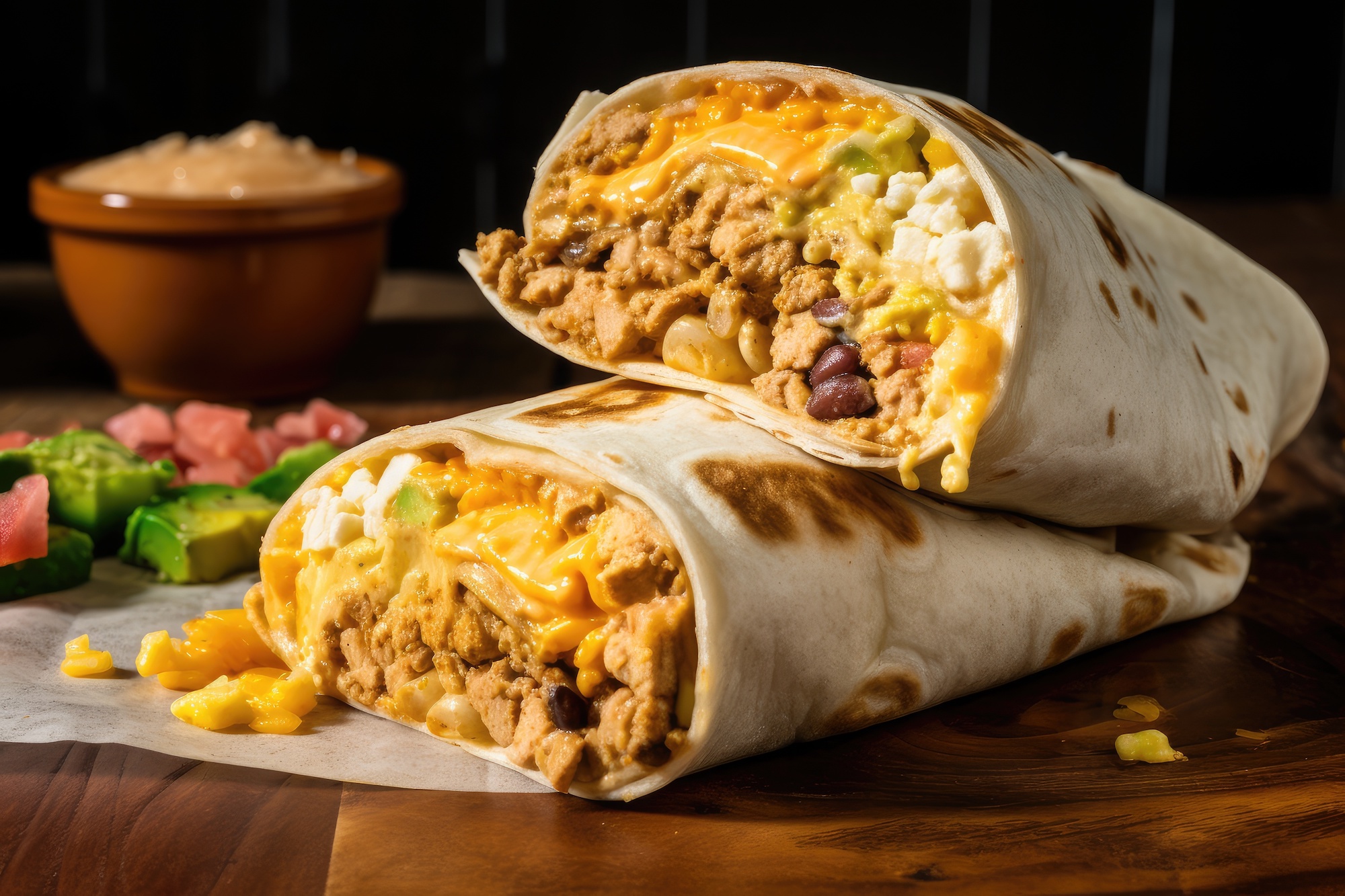 breakfast burrito with scrambled eggs, cheese, and refried beans, created with generative ai