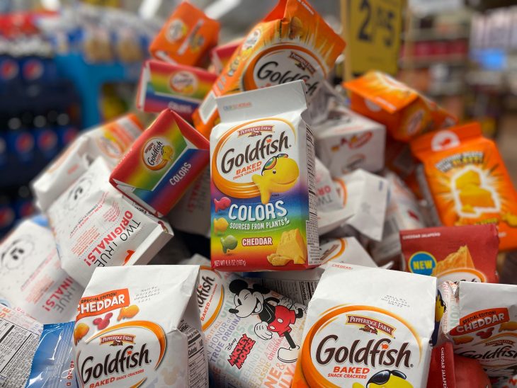 goldfish snack variety display pile