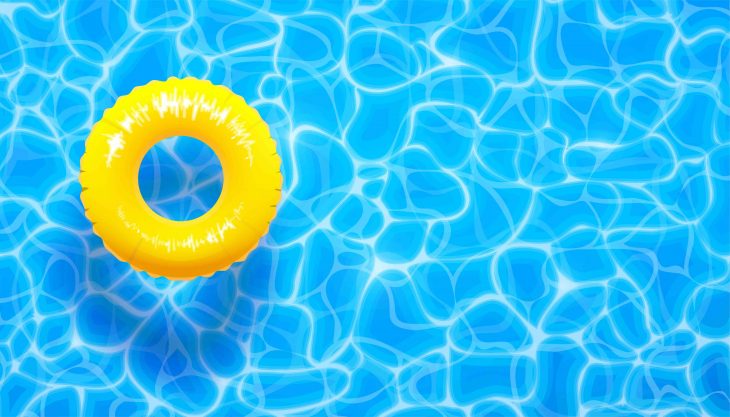 Water pool summer background with yellow pool float ring. Summer blue aqua textured background