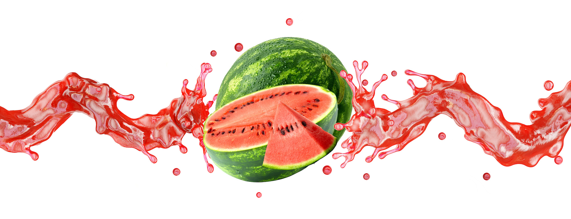Fresh ripe watermelon with watermelon slice and juice or smoothie swirl splashes