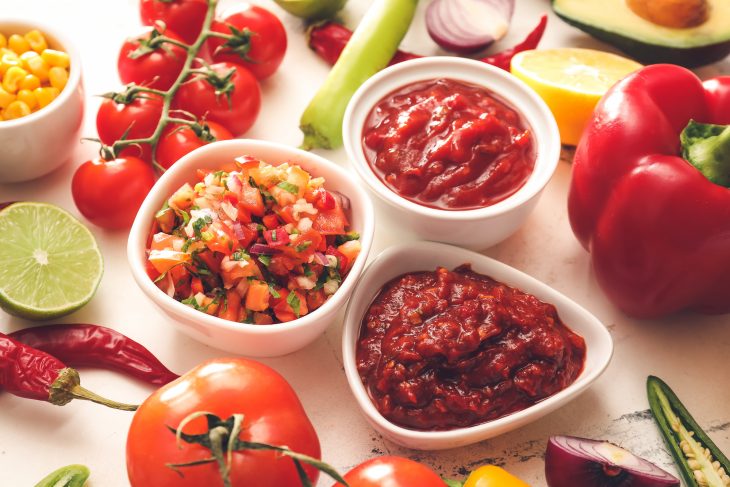Bowls of tasty salsa sauces