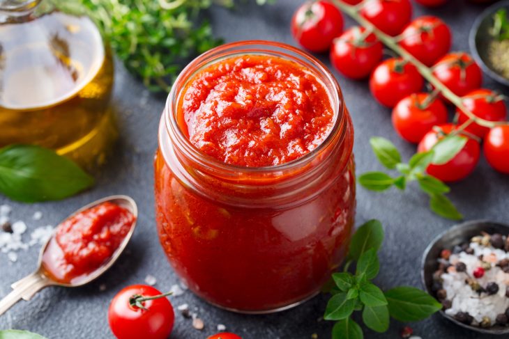 Traditional tomato sauce in a glass jar