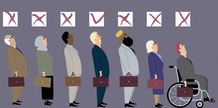 Line of diverse candidates for a job with a check boxes above their heads as a metaphor for a discrimination during an employment interview, EPS 8 vector illustration