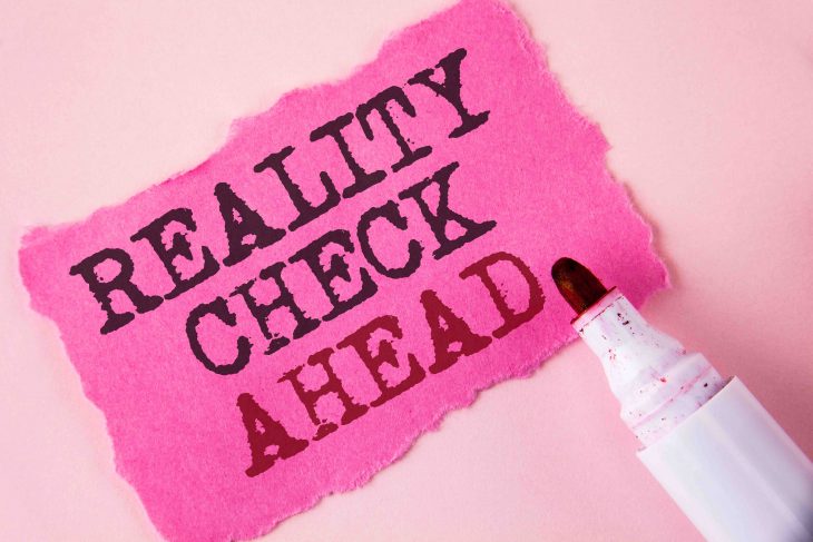 Word writing text Reality Check Ahead. Business concept for Unveil truth knowing actuality avoid being sceptical written Tear Pink Sticky note paper Pink background Marker next to it.