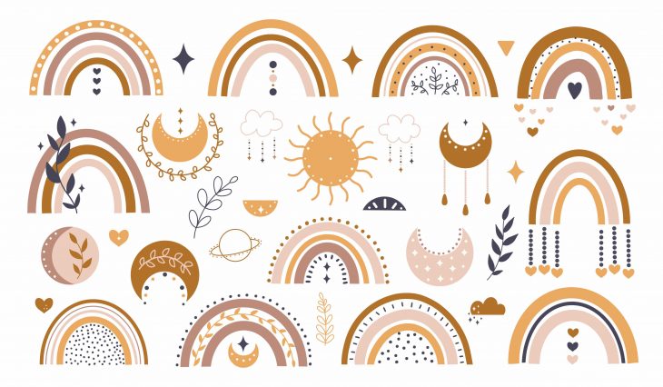 Cute boho rainbows clipart for nursery decoration with cute rainbows and moon, sun, cloud. Perfect for baby shower, birthday, children's party. Bohemian elements.