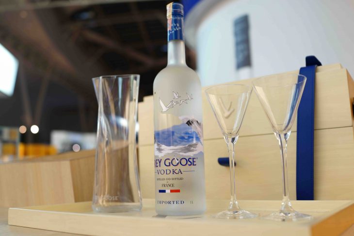 Grey Goose brand vodka on duty-free store shelf in KLIA 2 Terminal, Malaysia. Grey Goose is a brand produced in France and sold it in 2004 to Bacardi. KUALA LUMPUR, MALAYSIA - JUNE 24, 2018.