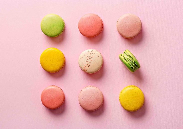 Flay lay selection of colorful macarons. Top view