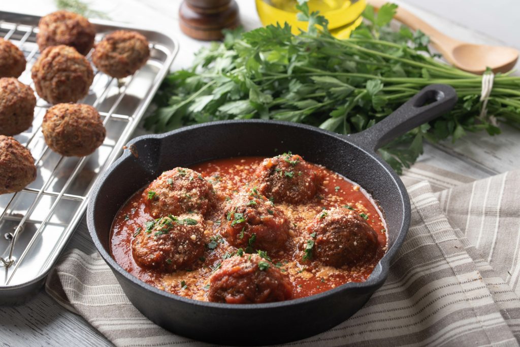 15 Meatball Nutrition Facts Delectable Meaty Treat S Profile Facts Net   Meatballs With Tomato Sauce In Cast Iron Skillet 1024x684 