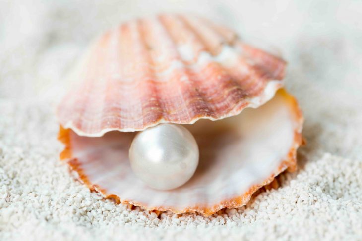 pearl enclosed in pink sea shell on sand