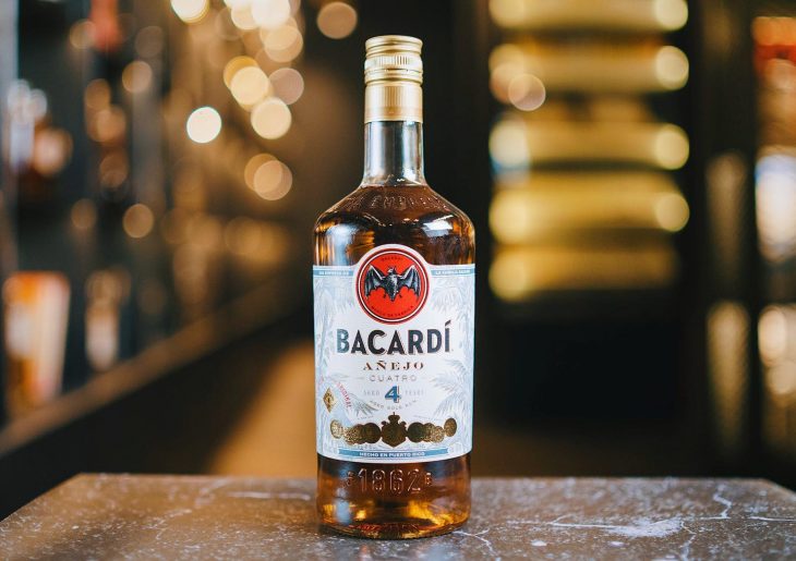 single bacardi bottle on countertop