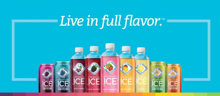 sparkling ice bottles with slogan live in full flavor on blue background