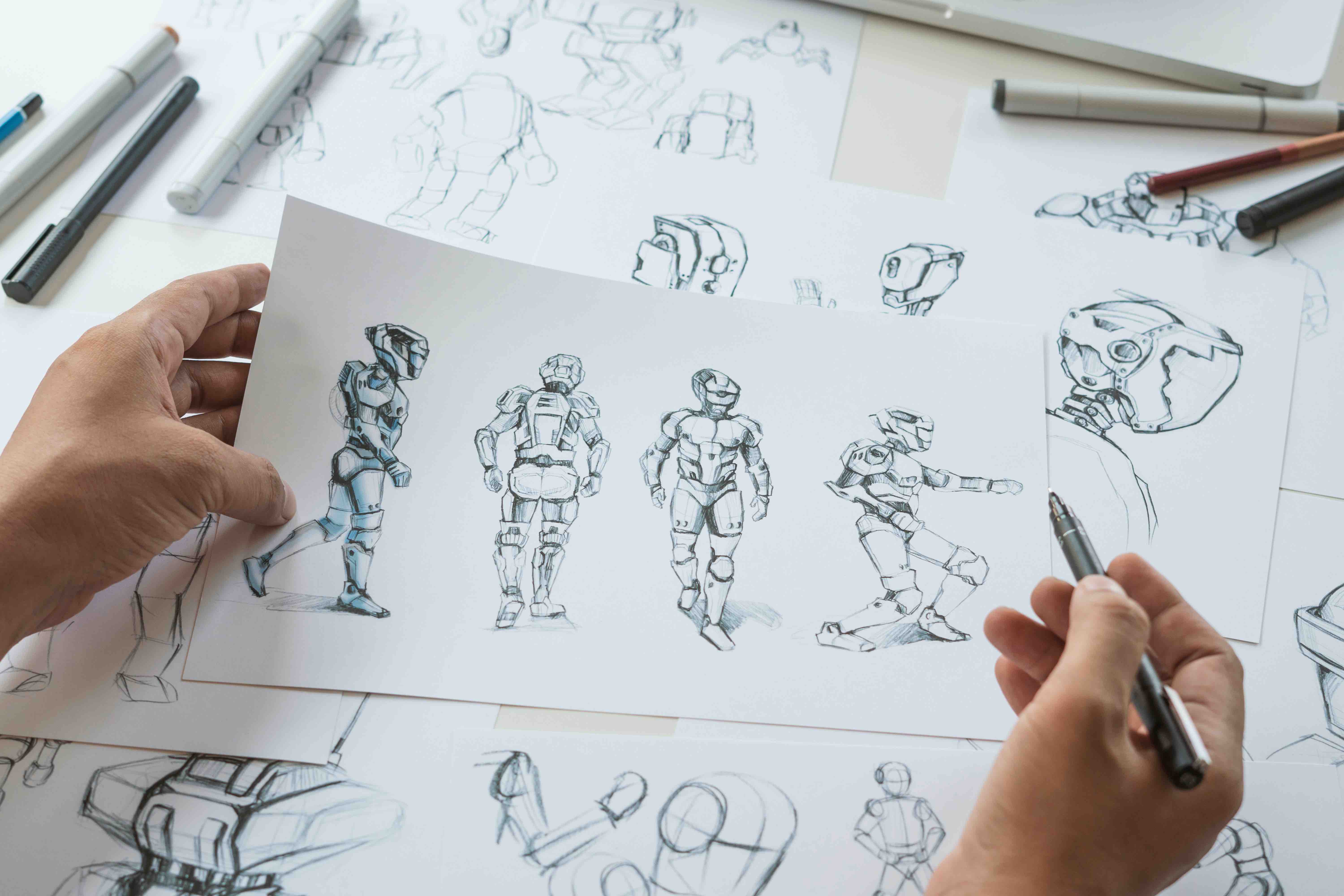 Animator designer Development designing drawing sketching development creating graphic pose characters sci-fi robot Cartoon illustration animation video game film production , animation design studio.