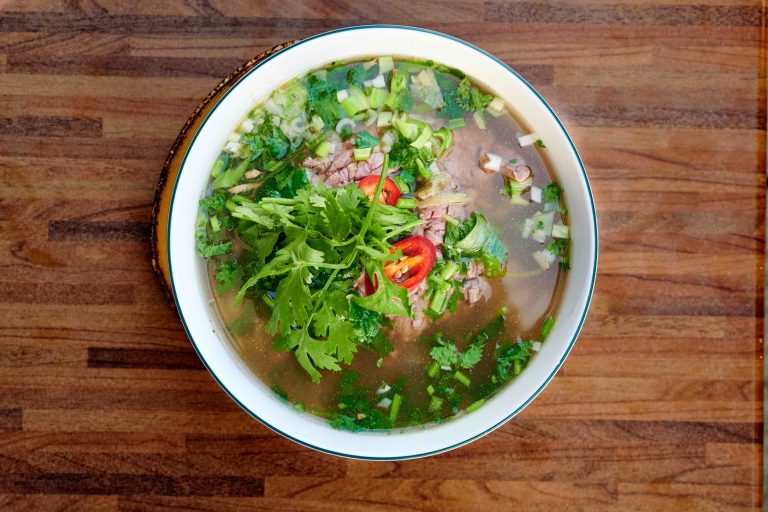 Beef Pho Soup Top View Shot  768x512 