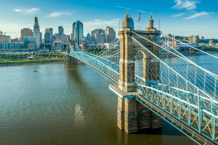 Panoramic view of Cincinnati downtown with the historic Roebling suspension bridge over the Ohio river
