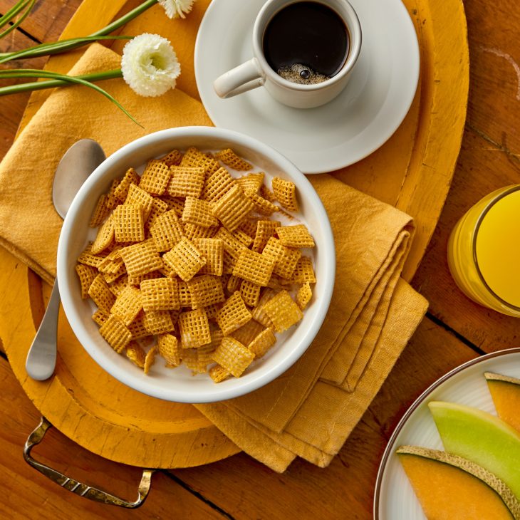 corn chex and tea flat lay