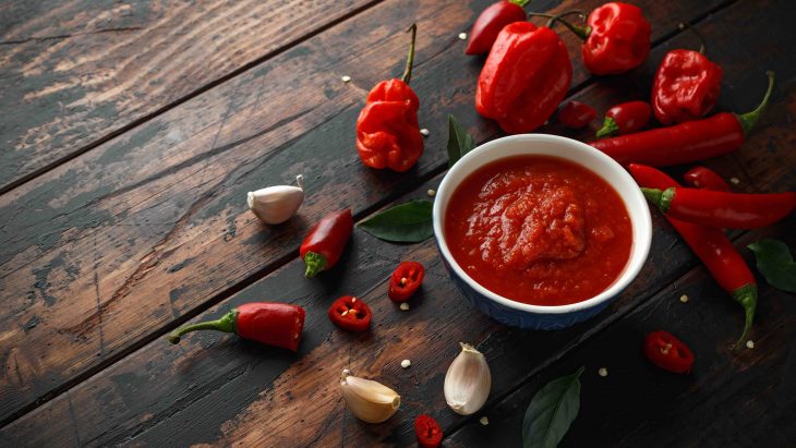 spicy hot sweet chili sauce with mix of chilli pepper, garlic and tomatoes on rustic wooden background.