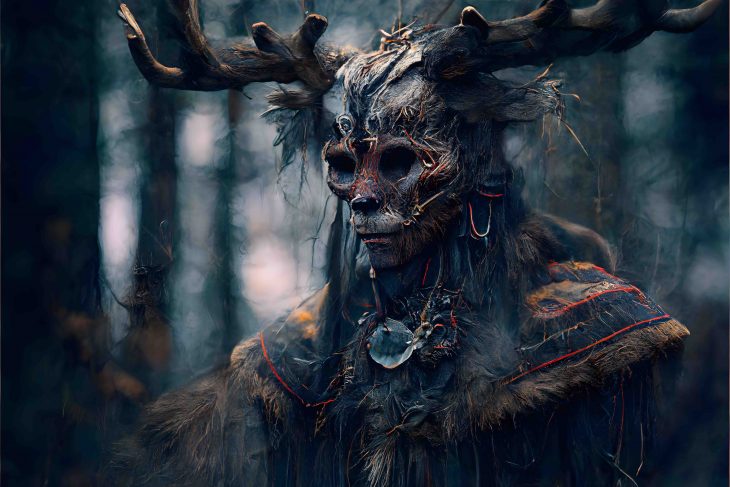 full body of a wendigo skinwalker materializing in a portal from another dimension in boreal forest traditional indean head dress skinned bear face mask translucent robes 8K photorealistic