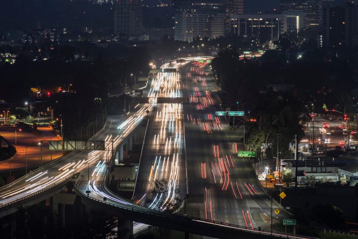 Night morning view of fast traffic on the 134 Ventura Freeway near Los Angeles in downtown Glendale, California