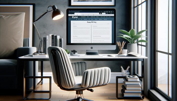 modern and sleek home office setups with a focus on academic research and essay writing in a digital age.